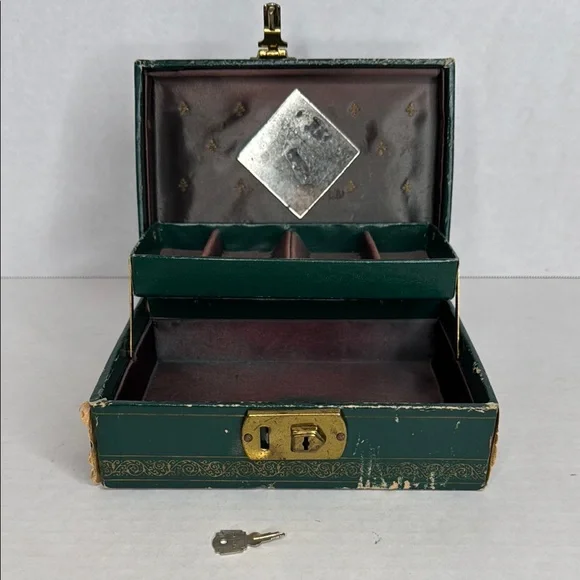 Vintage Green Jewelry Box with Gold Accents with Key - Picture 2 of 9